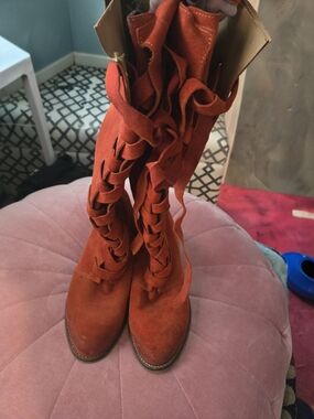 NO LONGER FOR SALE.     Women's Orange Suede Knee-High Lace-Up Boots